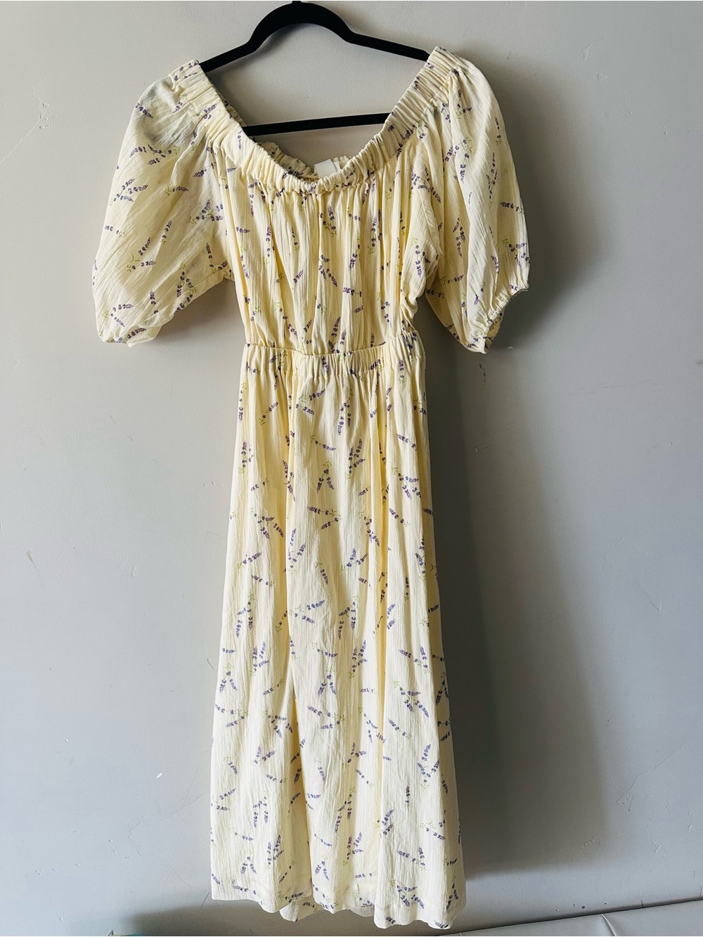 H&M Pale Yellow Floral Midi Dress with Puff Sleeves
